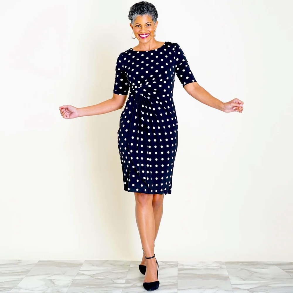 Connected Apparel Navy Faux Wrap Polka Dot Dress